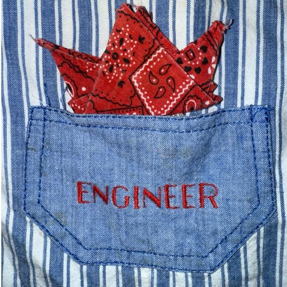 Vintage 80s Toddler Railroad Engineer Romper Overalls 2T Train embroidered boys - Picture 2 of 6
